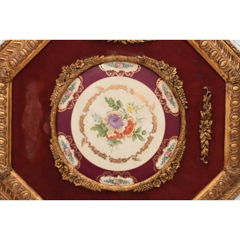 Pałacowy Obraz Na Porcelanie - Złota Rama 8kąt - Medalion Kwiaty Uszkodzona