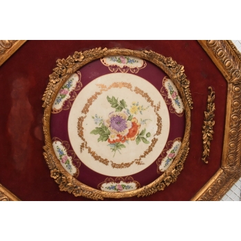 Pałacowy Obraz Na Porcelanie - Złota Rama 8kąt - Medalion Kwiaty Uszkodzona