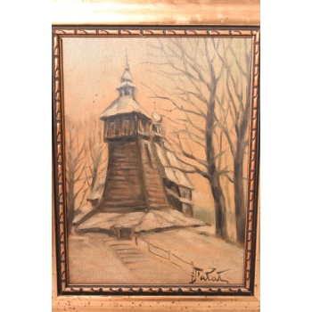 J. Fałat - Drewniany Kościół Na Wzgórzu - Kresy Wschodnie - Zima - Obraz