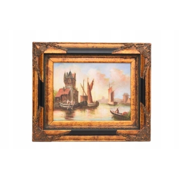 Łodzie w Porcie - Statki - Marynistyczny Obraz - Złoto Czarna Rama