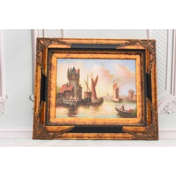 Łodzie w Porcie - Statki - Marynistyczny Obraz - Złoto Czarna Rama