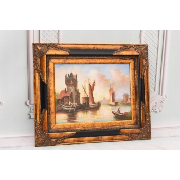 Łodzie w Porcie - Statki - Marynistyczny Obraz - Złoto Czarna Rama