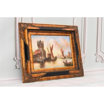 Łodzie w Porcie - Statki - Marynistyczny Obraz - Złoto Czarna Rama