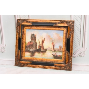 Łodzie w Porcie - Statki - Marynistyczny Obraz - Złoto Czarna Rama