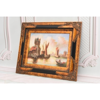 Łodzie w Porcie - Statki - Marynistyczny Obraz - Złoto Czarna Rama