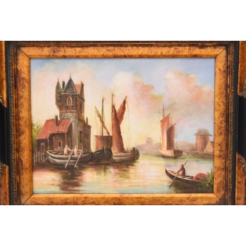 Łodzie w Porcie - Statki - Marynistyczny Obraz - Złoto Czarna Rama