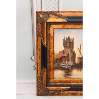 Łodzie w Porcie - Statki - Marynistyczny Obraz - Złoto Czarna Rama