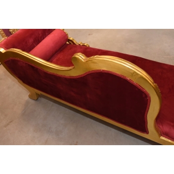 Czerwona Pałacowa Sofa Kanapa - Leżanka Szezlong - Drewno Welur Styl Barok