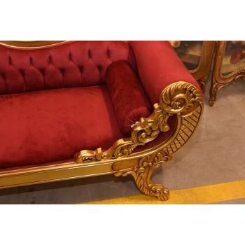 Czerwona Pałacowa Sofa Kanapa - Leżanka Szezlong - Drewno Welur Styl Barok