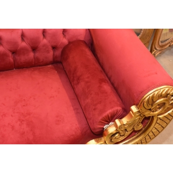 Czerwona Pałacowa Sofa Kanapa - Leżanka Szezlong - Drewno Welur Styl Barok