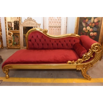 Czerwona Pałacowa Sofa Kanapa - Leżanka Szezlong - Drewno Welur Styl Barok