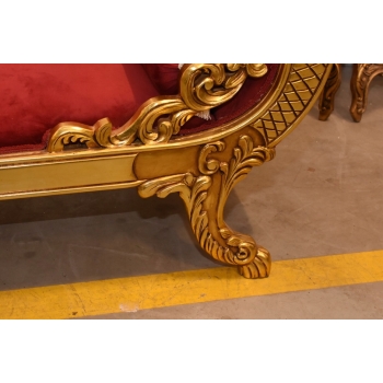 Czerwona Pałacowa Sofa Kanapa - Leżanka Szezlong - Drewno Welur Styl Barok