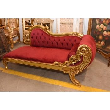 Czerwona Pałacowa Sofa Kanapa - Leżanka Szezlong - Drewno Welur Styl Barok