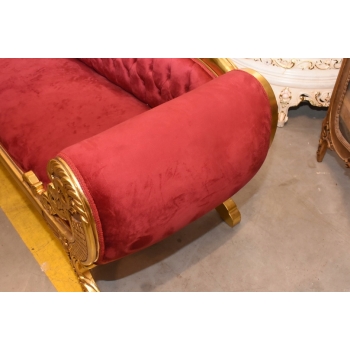 Czerwona Pałacowa Sofa Kanapa - Leżanka Szezlong - Drewno Welur Styl Barok
