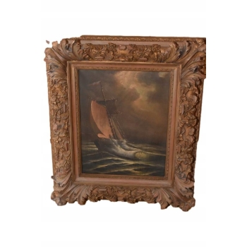 Łódź Na Wzburzonym Morzu - Marynistyczny Obraz Olejny - Zdobiona Rama