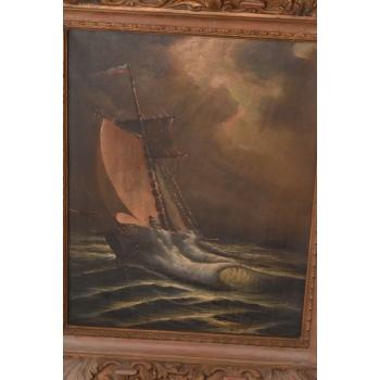 Łódź Na Wzburzonym Morzu - Marynistyczny Obraz Olejny - Zdobiona Rama