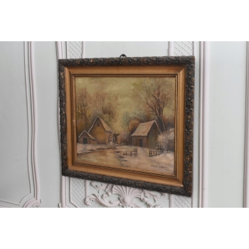 Wiktor Korecki - Wiejskie Chaty Zimą - Polska Zima - Obraz Olejny Płótno