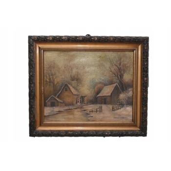 Wiktor Korecki - Wiejskie Chaty Zimą - Polska Zima - Obraz Olejny Płótno