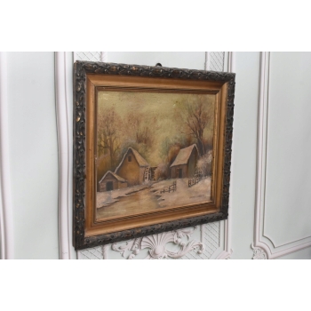 Wiktor Korecki - Wiejskie Chaty Zimą - Polska Zima - Obraz Olejny Płótno