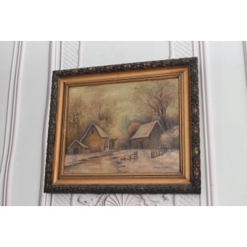 Wiktor Korecki - Wiejskie Chaty Zimą - Polska Zima - Obraz Olejny Płótno