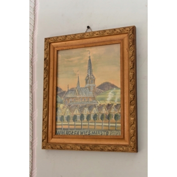 Nikifor Krynicki - Pejzaż Miejski - Kościół - Stary Obraz - Akwarela Ołówek