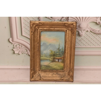 Chata w Górach - Pejzaż Lasu - Jezioro Las - Obraz Olejny - Złota Rama