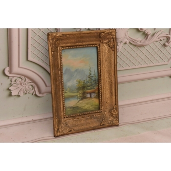 Chata w Górach - Pejzaż Lasu - Jezioro Las - Obraz Olejny - Złota Rama