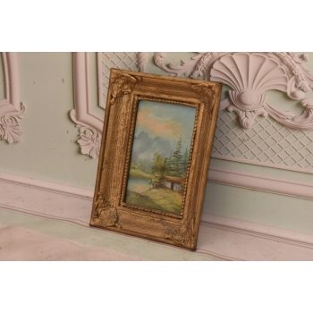 Chata w Górach - Pejzaż Lasu - Jezioro Las - Obraz Olejny - Złota Rama