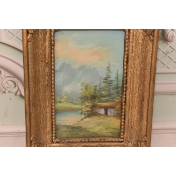 Chata w Górach - Pejzaż Lasu - Jezioro Las - Obraz Olejny - Złota Rama