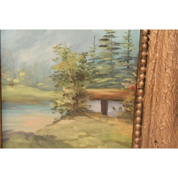 Chata w Górach - Pejzaż Lasu - Jezioro Las - Obraz Olejny - Złota Rama