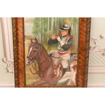 Wojciech Kossak - Żołnierz Na Koniu z Fajką - Obraz Pastel za Szkłem