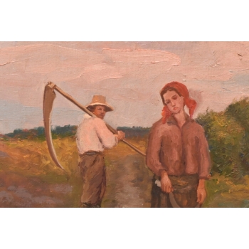 Józef Chełmoński - Pejzaż Polskiej Wsi - Chłop z Kosą - Polski Obraz Olejny