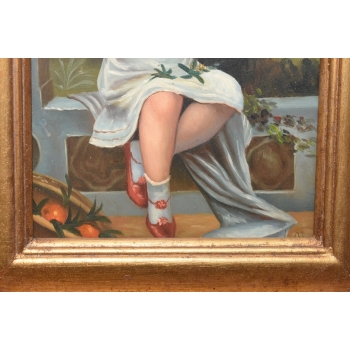 Portret Dziewczynka w Ogrodzie - Dziecko - Obraz Olejny - Złota Rama