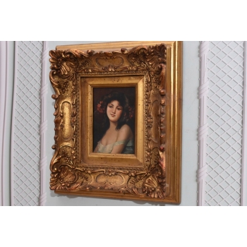 Portret Kobieta z Kwiatami we Włosach - Obraz Olejny - Złota Rama