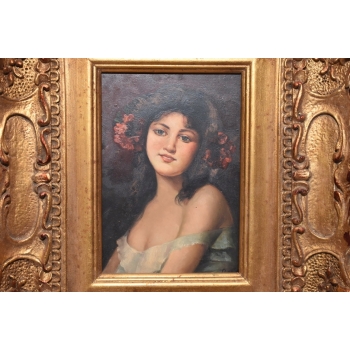 Portret Kobieta z Kwiatami we Włosach - Obraz Olejny - Złota Rama