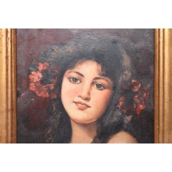 Portret Kobieta z Kwiatami we Włosach - Obraz Olejny - Złota Rama