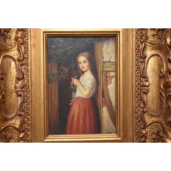 Portret Szydełkującej Dziewczyny - Kobieta - Obraz Olejny - Złota Rama