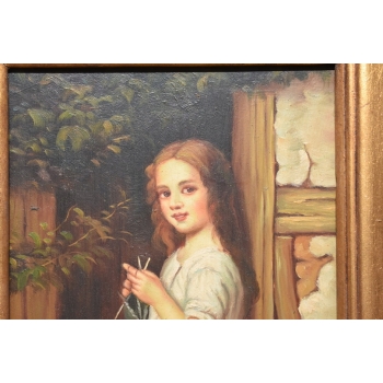 Portret Szydełkującej Dziewczyny - Kobieta - Obraz Olejny - Złota Rama