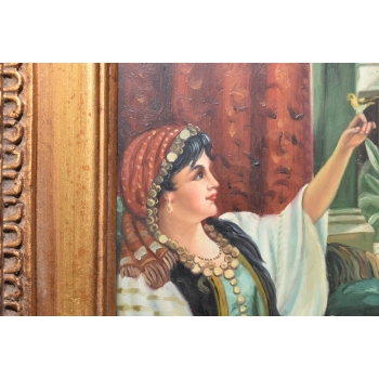 Egipcjanka z Ptakiem Na Dłoni - Portret Kobiety - Obraz Olejny - Złota Rama