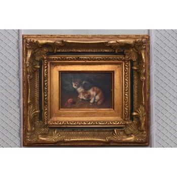 Kotki Przy Sznurku - Dwa Małe Koty Kocury - Obraz Olejny Złoto Czarna Rama