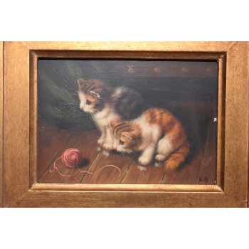 Kotki Przy Sznurku - Dwa Małe Koty Kocury - Obraz Olejny Złoto Czarna Rama