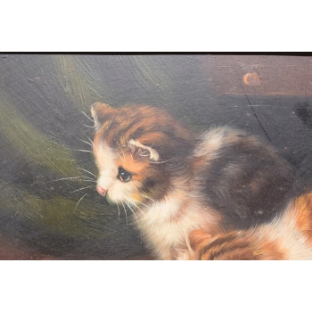 Kotki Przy Sznurku - Dwa Małe Koty Kocury - Obraz Olejny Złoto Czarna Rama