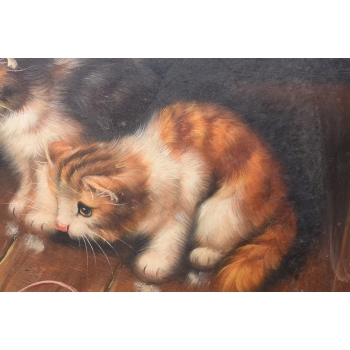 Kotki Przy Sznurku - Dwa Małe Koty Kocury - Obraz Olejny Złoto Czarna Rama