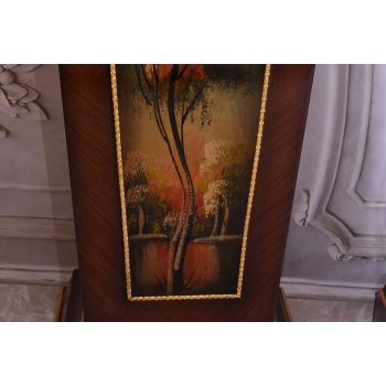 Dwa Postumenty Intarsjowane z Malunkami - Kolumny Piedestały Blat z Marmuru