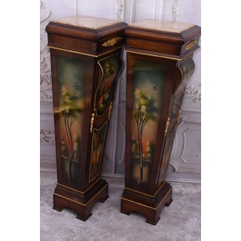 Dwa Postumenty Intarsjowane z Malunkami - Kolumny Piedestały Blat z Marmuru