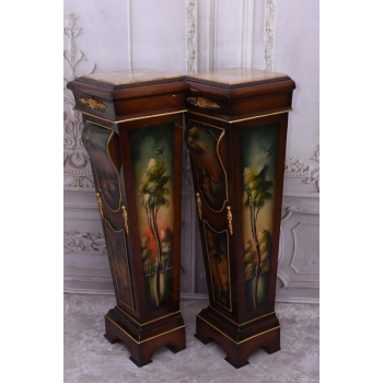 Dwa Postumenty Intarsjowane z Malunkami - Kolumny Piedestały Blat z Marmuru