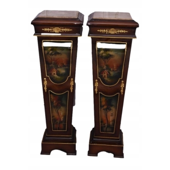 Dwa Postumenty Intarsjowane z Malunkami - Kolumny Piedestały Blat z Marmuru