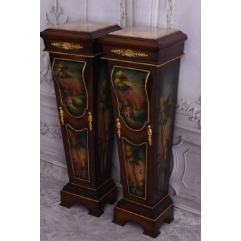 Dwa Postumenty Intarsjowane z Malunkami - Kolumny Piedestały Blat z Marmuru