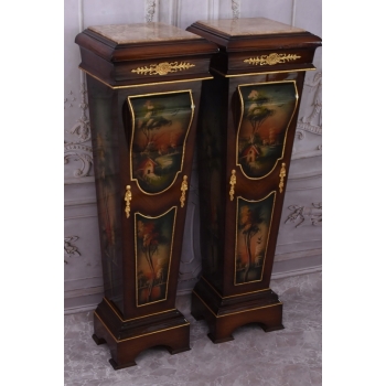 Dwa Postumenty Intarsjowane z Malunkami - Kolumny Piedestały Blat z Marmuru