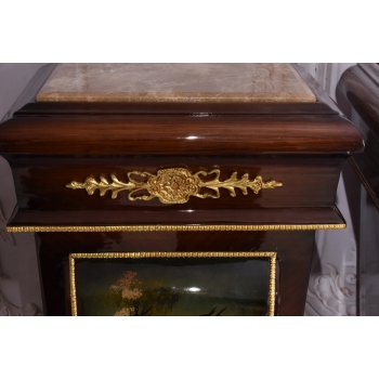 Dwa Postumenty Intarsjowane z Malunkami - Kolumny Piedestały Blat z Marmuru